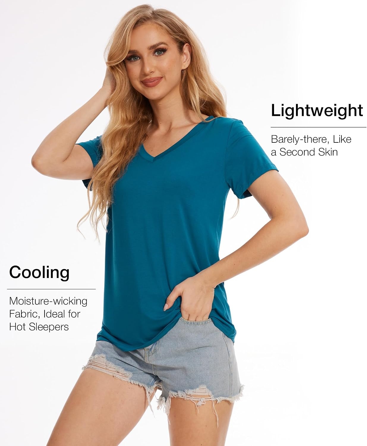 image:imageGYS Bamboo Viscose Womens Pajama Tops Lightweight Cooling Basic TShirtTeal Blue