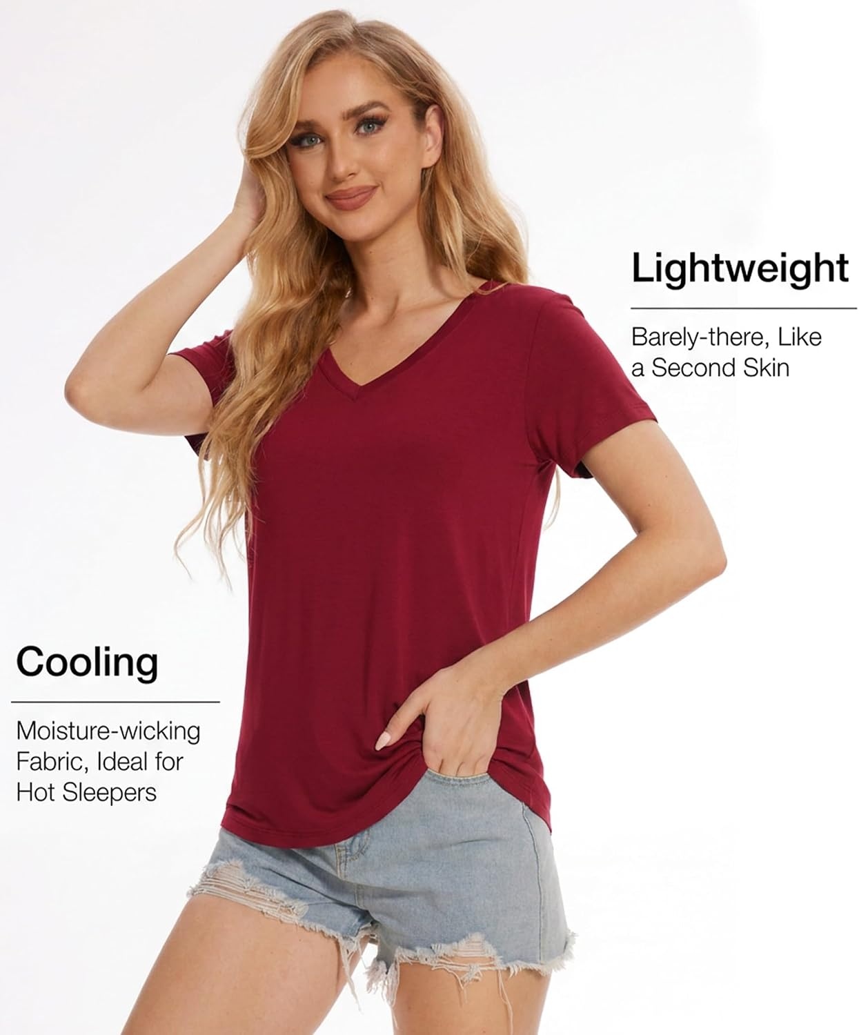 image:imageGYS Bamboo Viscose Womens Pajama Tops Lightweight Cooling Basic TShirtWine