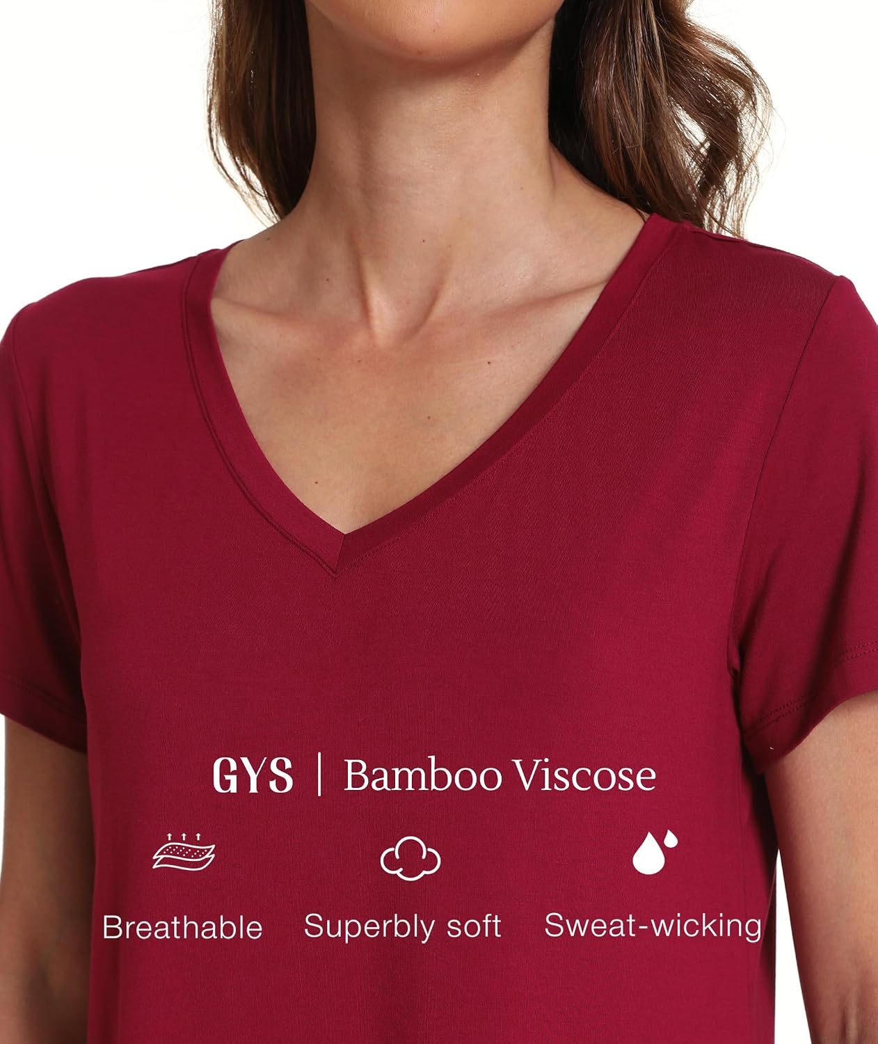 image:imageGYS Bamboo Viscose Womens Pajama Tops Lightweight Cooling Basic TShirtWine