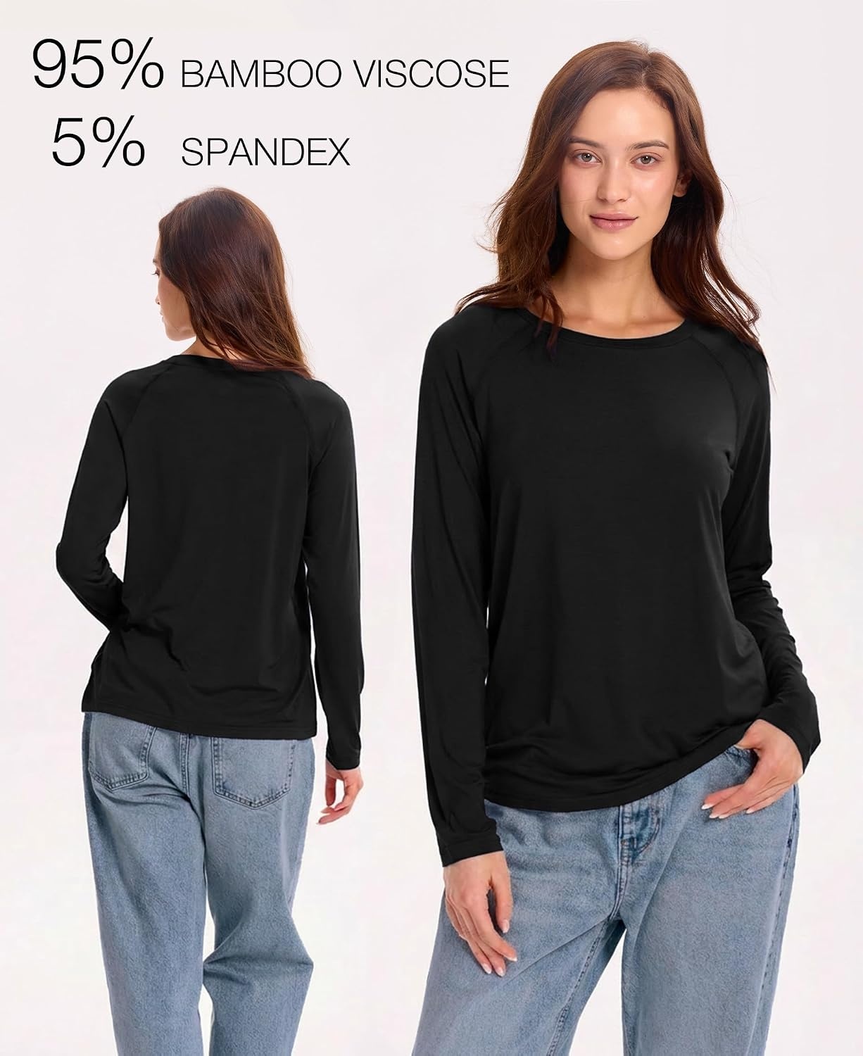 image:imageGYS Bamboo Viscose Womens Pajama Tops Long Sleeve Comfy Base Layer TeesBlack