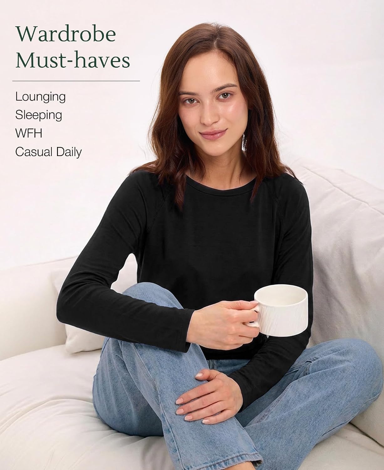 image:imageGYS Bamboo Viscose Womens Pajama Tops Long Sleeve Comfy Base Layer TeesBlack