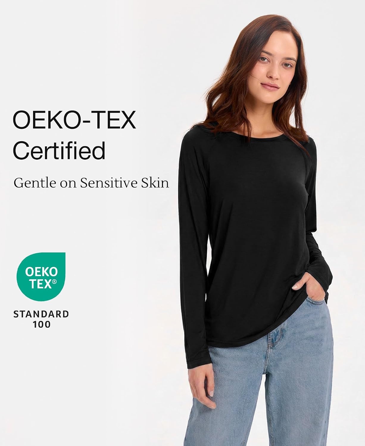 image:imageGYS Bamboo Viscose Womens Pajama Tops Long Sleeve Comfy Base Layer TeesBlack