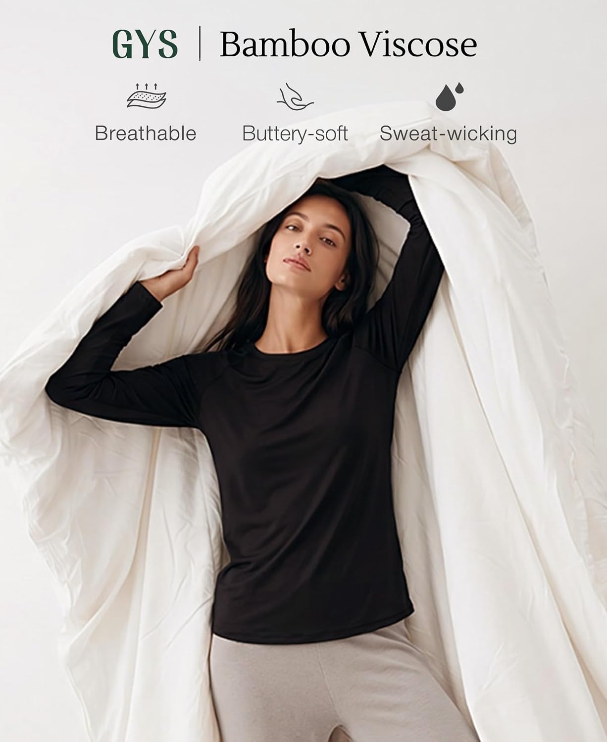 image:imageGYS Bamboo Viscose Womens Pajama Tops Long Sleeve Comfy Base Layer TeesBlack