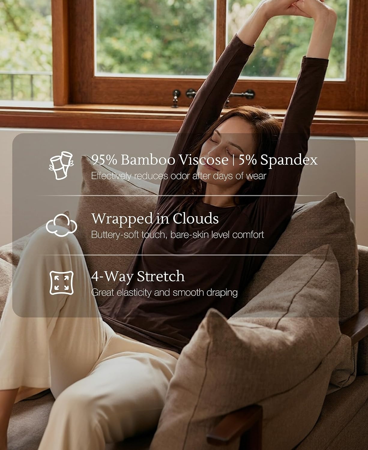 image:imageGYS Bamboo Viscose Womens Pajama Tops Long Sleeve Comfy Base Layer TeesDark Brown