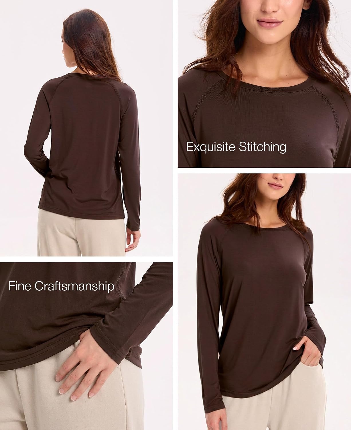 image:imageGYS Bamboo Viscose Womens Pajama Tops Long Sleeve Comfy Base Layer TeesDark Brown