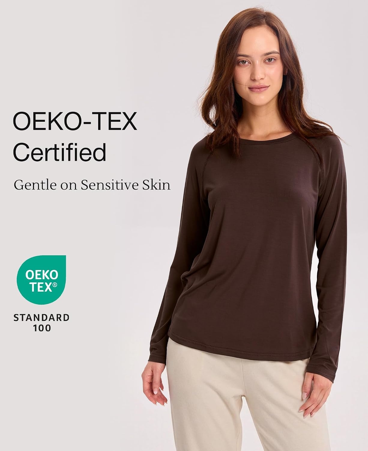 image:imageGYS Bamboo Viscose Womens Pajama Tops Long Sleeve Comfy Base Layer TeesDark Brown