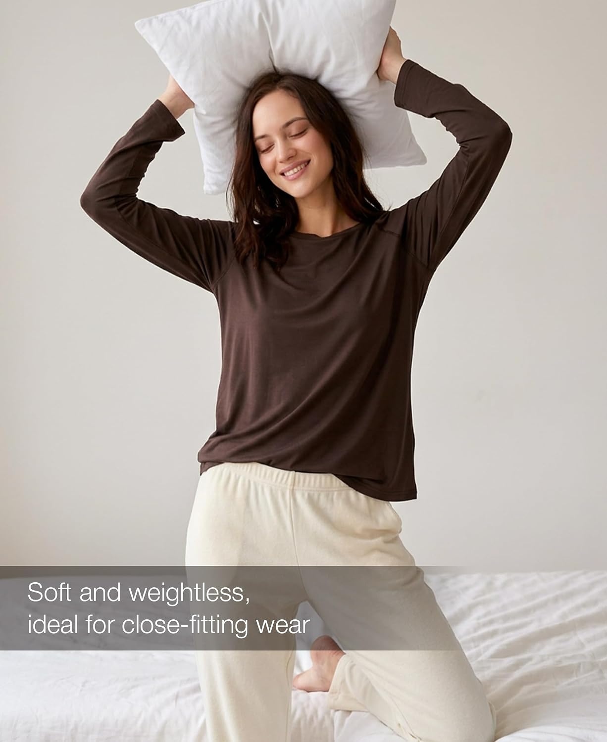 image:imageGYS Bamboo Viscose Womens Pajama Tops Long Sleeve Comfy Base Layer TeesDark Brown