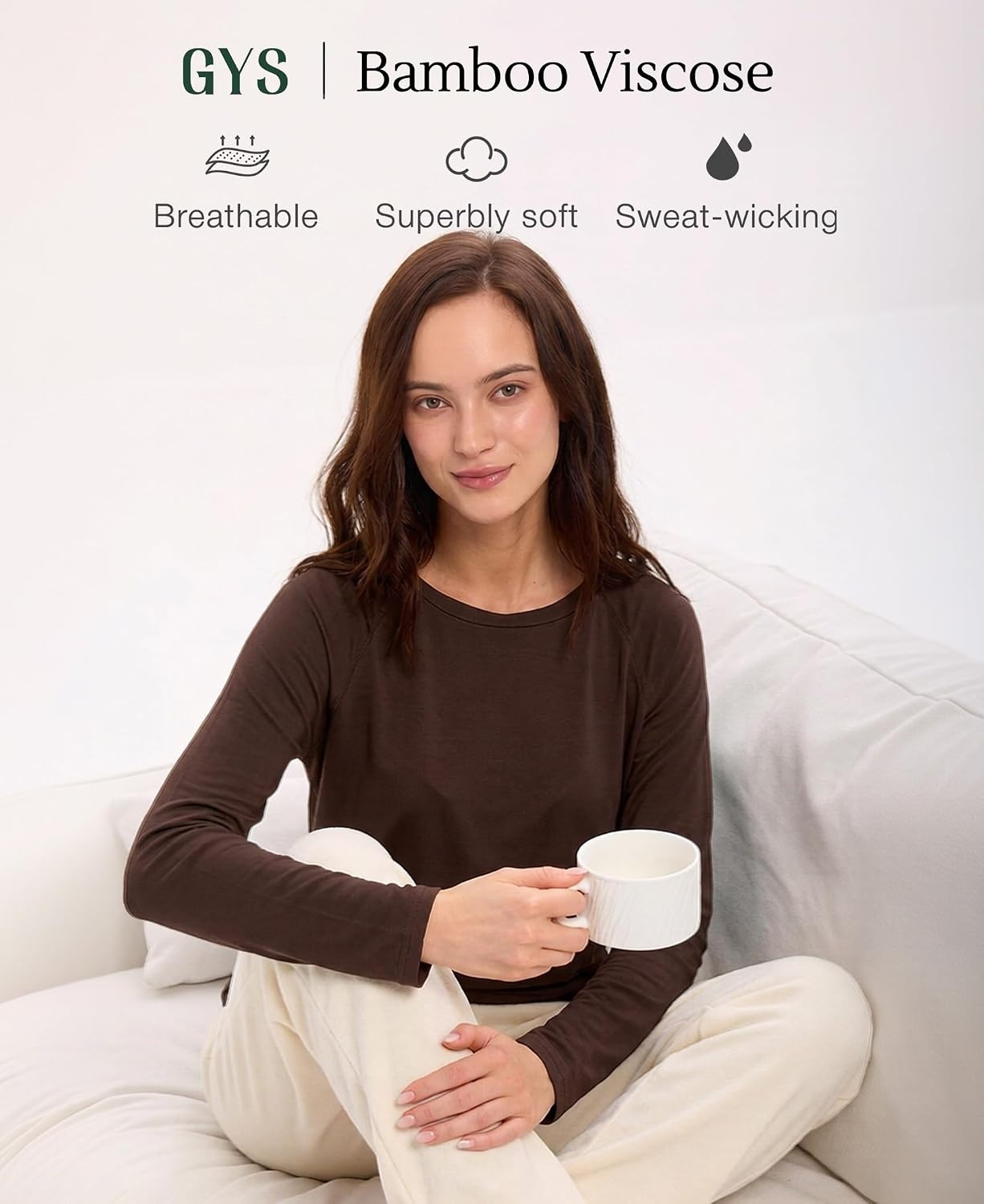 image:imageGYS Bamboo Viscose Womens Pajama Tops Long Sleeve Comfy Base Layer TeesDark Brown