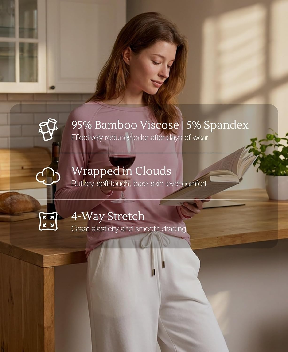 image:imageGYS Bamboo Viscose Womens Pajama Tops Long Sleeve Comfy Base Layer TeesDusky Pink