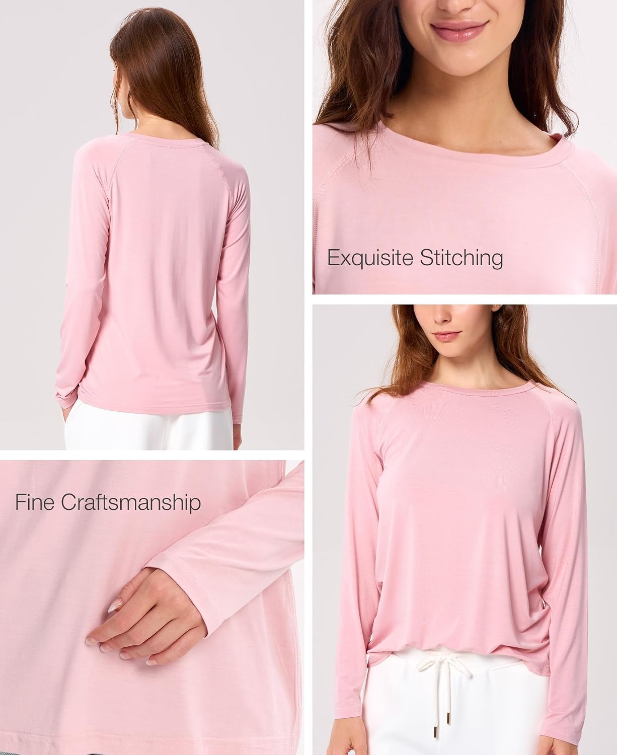 image:imageGYS Bamboo Viscose Womens Pajama Tops Long Sleeve Comfy Base Layer TeesDusky Pink