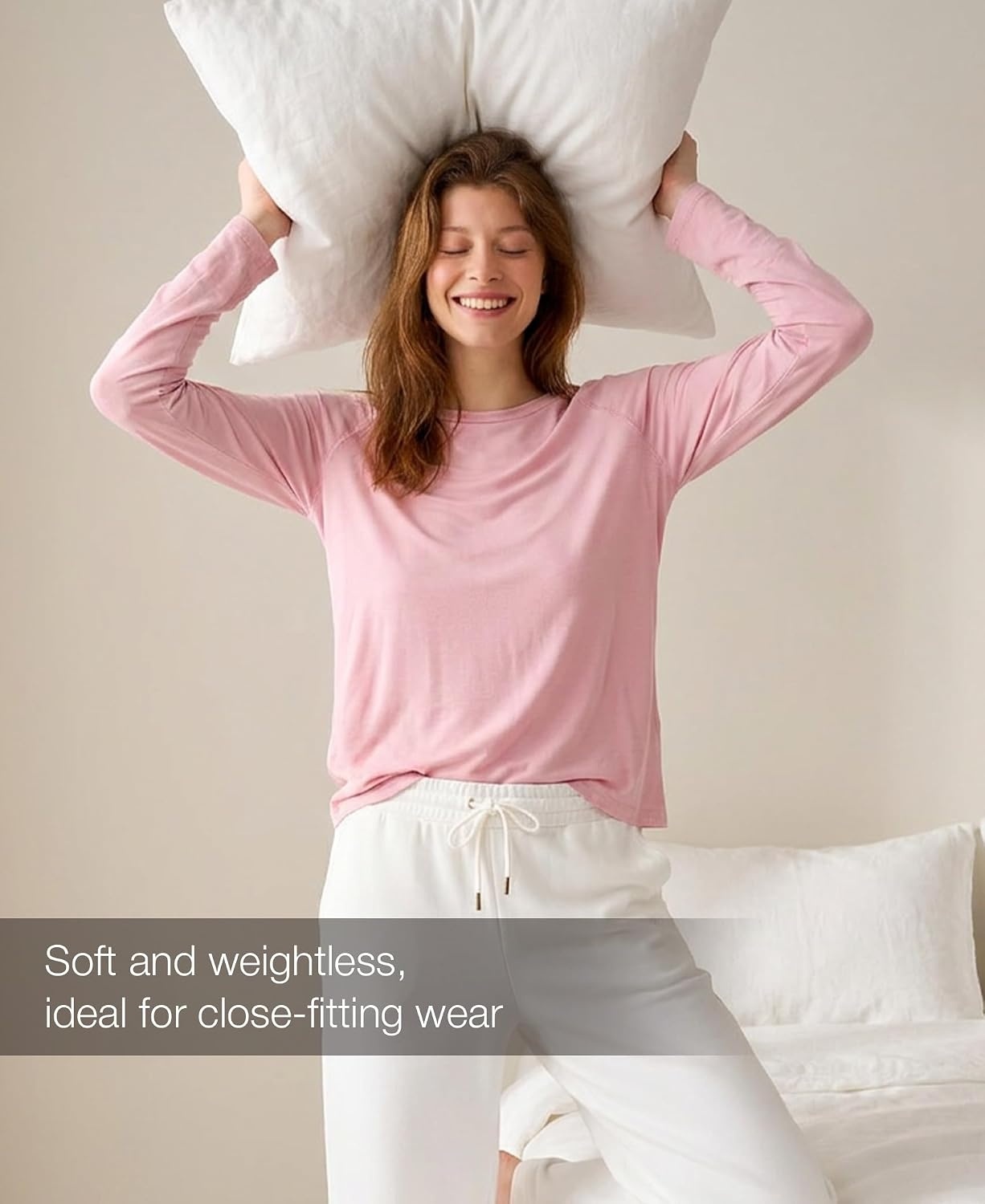 image:imageGYS Bamboo Viscose Womens Pajama Tops Long Sleeve Comfy Base Layer TeesDusky Pink