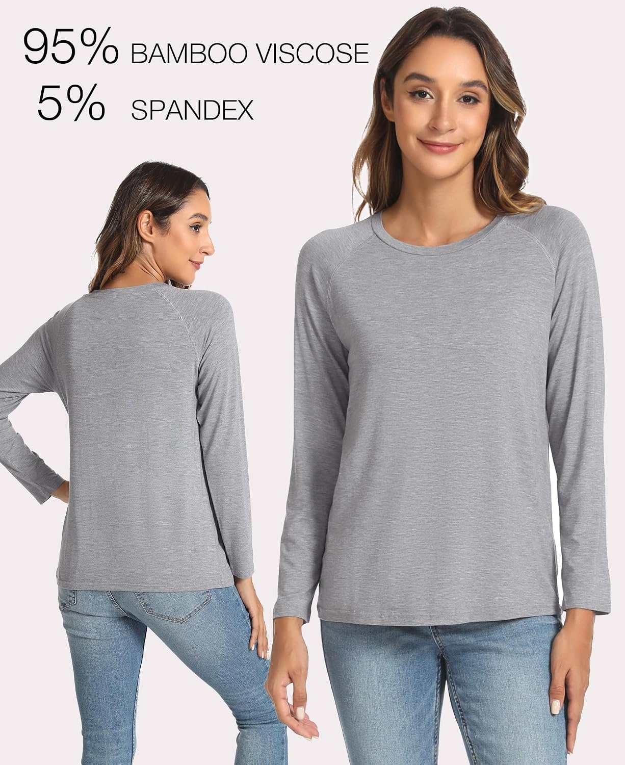 image:imageGYS Bamboo Viscose Womens Pajama Tops Long Sleeve Comfy Base Layer TeesHeather Grey