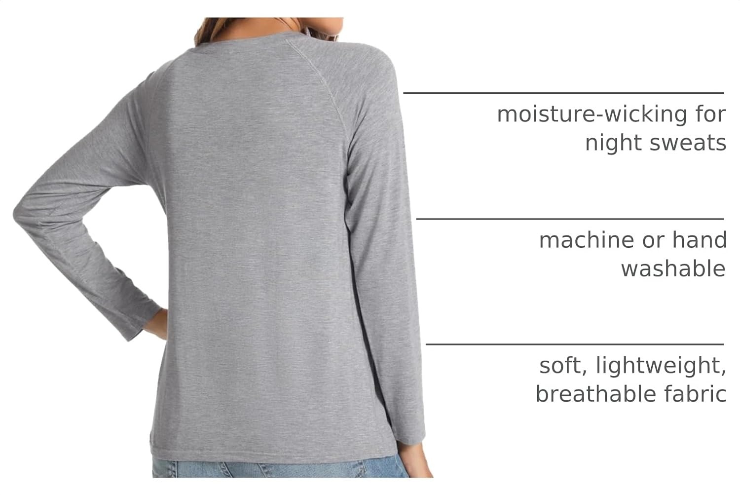 image:imageGYS Bamboo Viscose Womens Pajama Tops Long Sleeve Comfy Base Layer TeesHeather Grey