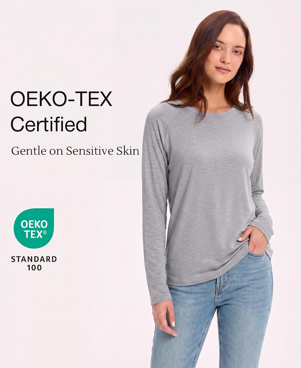 image:imageGYS Bamboo Viscose Womens Pajama Tops Long Sleeve Comfy Base Layer TeesHeather Grey
