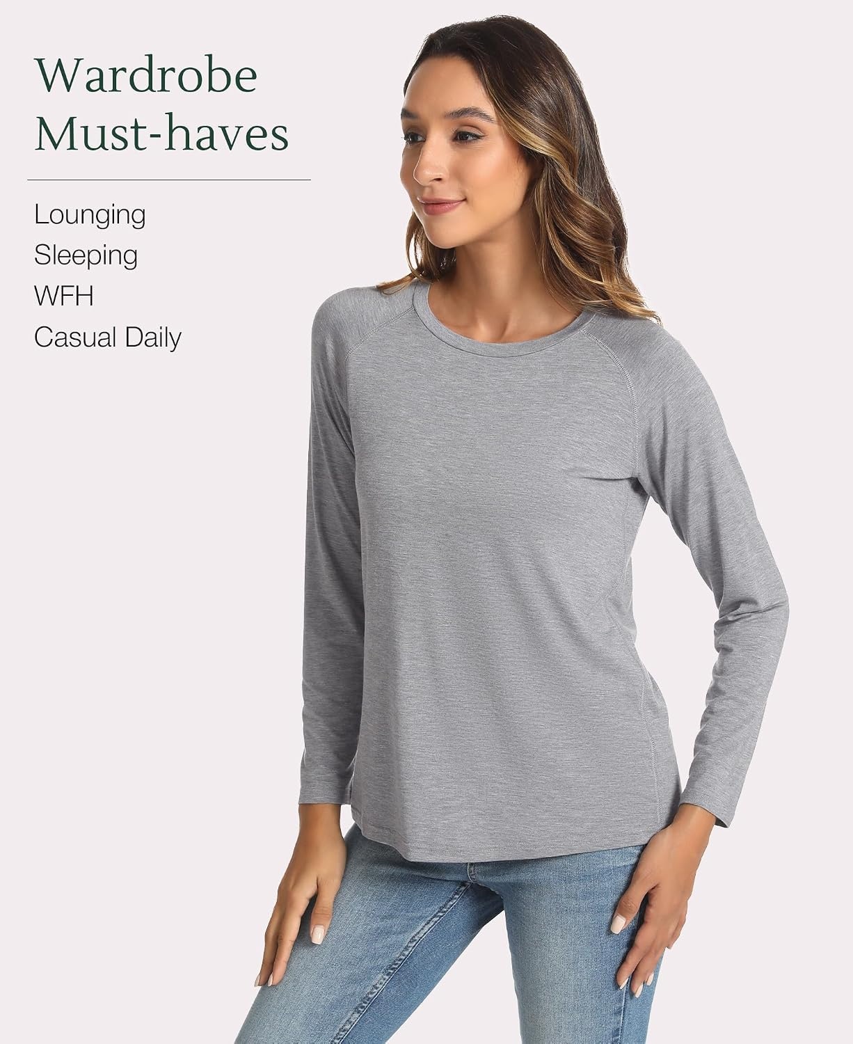 image:imageGYS Bamboo Viscose Womens Pajama Tops Long Sleeve Comfy Base Layer TeesHeather Grey