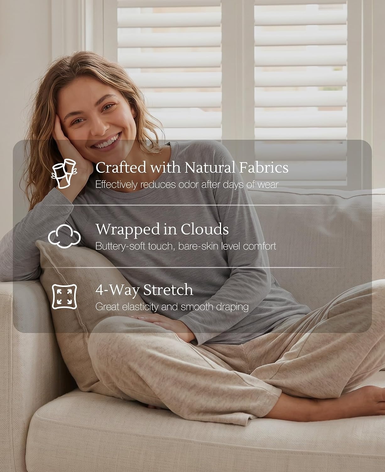 image:imageGYS Bamboo Viscose Womens Pajama Tops Long Sleeve Comfy Base Layer TeesHeather Grey