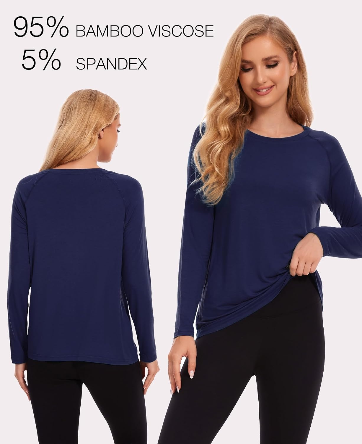image:imageGYS Bamboo Viscose Womens Pajama Tops Long Sleeve Comfy Base Layer TeesNavy