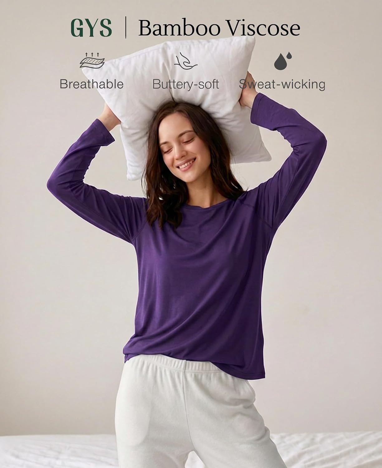 image:imageGYS Bamboo Viscose Womens Pajama Tops Long Sleeve Comfy Base Layer TeesPurple