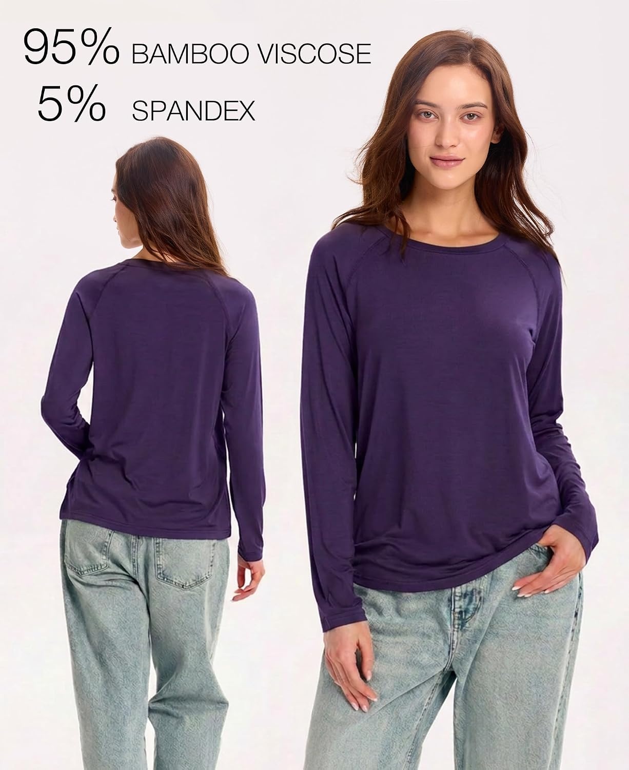 image:imageGYS Bamboo Viscose Womens Pajama Tops Long Sleeve Comfy Base Layer TeesPurple