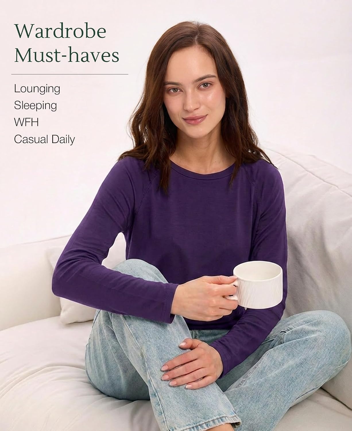 image:imageGYS Bamboo Viscose Womens Pajama Tops Long Sleeve Comfy Base Layer TeesPurple