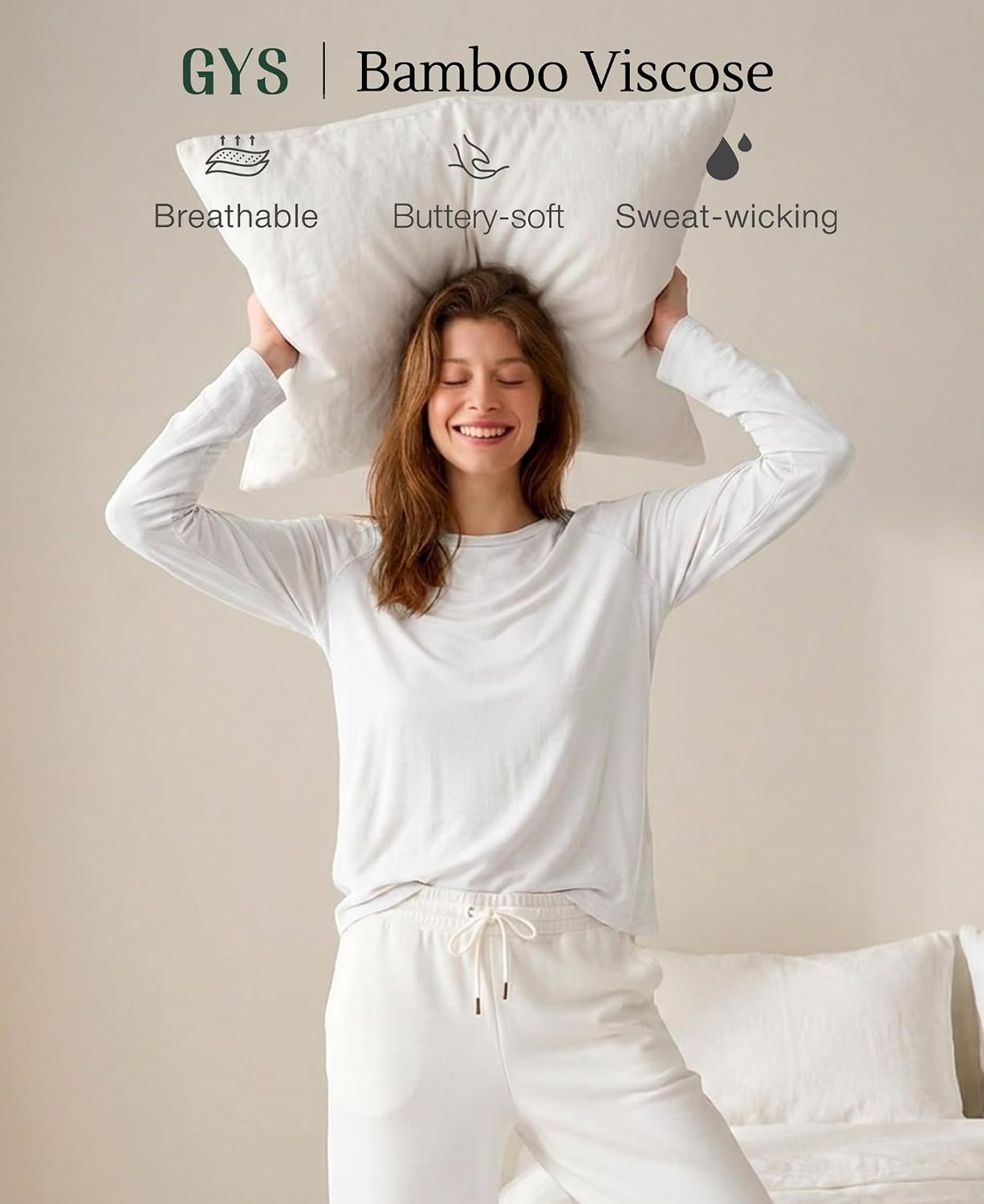 image:imageGYS Bamboo Viscose Womens Pajama Tops Long Sleeve Comfy Base Layer TeesWhite
