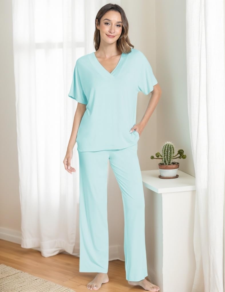 image:imageGYS Womens Bamboo Viscose Short Sleeve VNeck Pajamas SetAqua