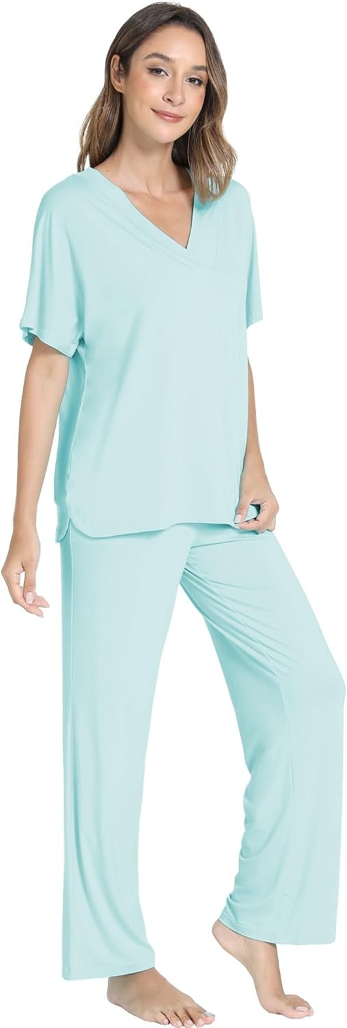 image:imageGYS Womens Bamboo Viscose Short Sleeve VNeck Pajamas SetAqua