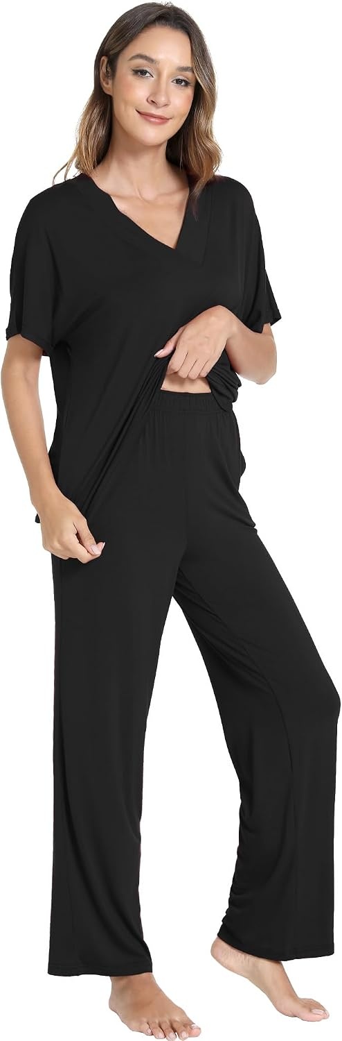 image:imageGYS Womens Bamboo Viscose Short Sleeve VNeck Pajamas SetBlack