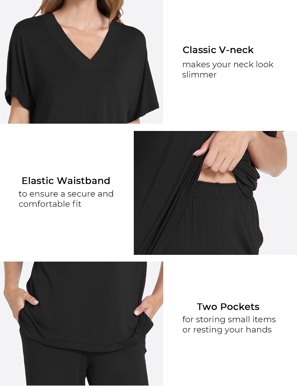 image:imageGYS Womens Bamboo Viscose Short Sleeve VNeck Pajamas SetBlack