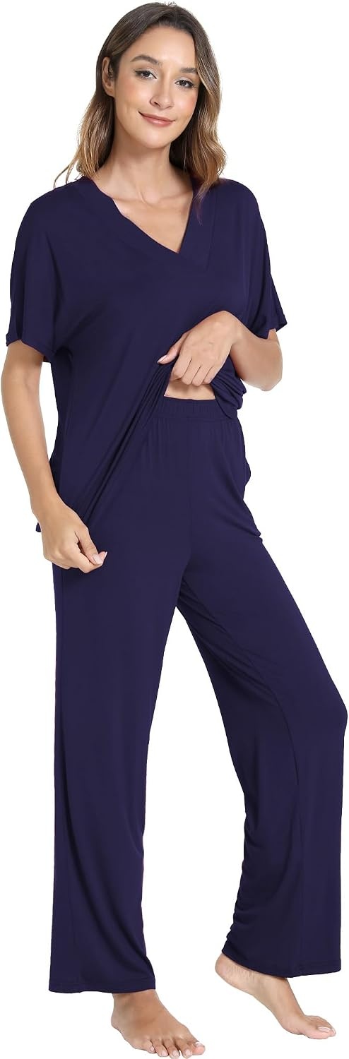 image:imageGYS Womens Bamboo Viscose Short Sleeve VNeck Pajamas SetNavy