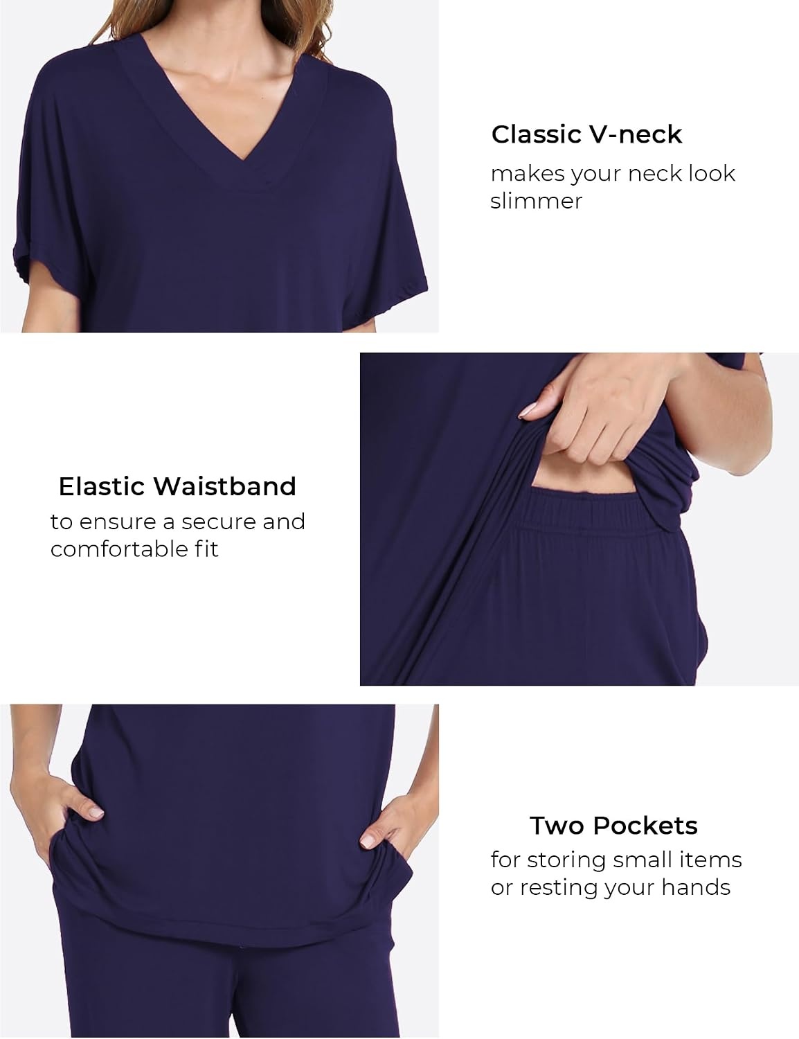 image:imageGYS Womens Bamboo Viscose Short Sleeve VNeck Pajamas SetNavy