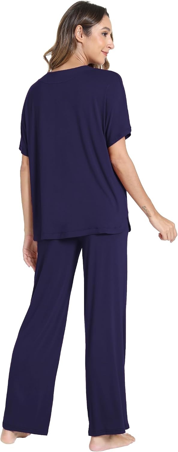 image:imageGYS Womens Bamboo Viscose Short Sleeve VNeck Pajamas SetNavy