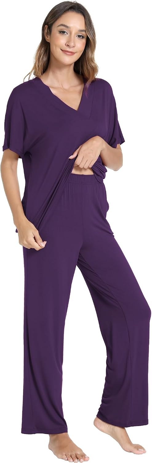 image:imageGYS Womens Bamboo Viscose Short Sleeve VNeck Pajamas SetPurple
