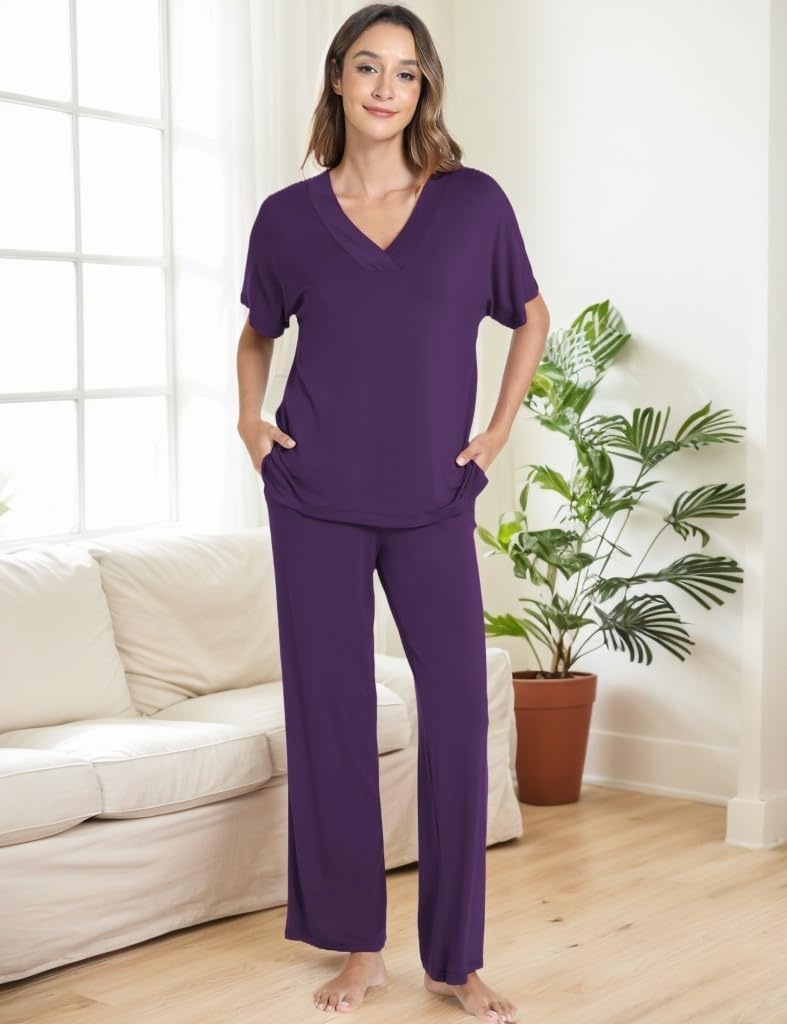 image:imageGYS Womens Bamboo Viscose Short Sleeve VNeck Pajamas SetPurple