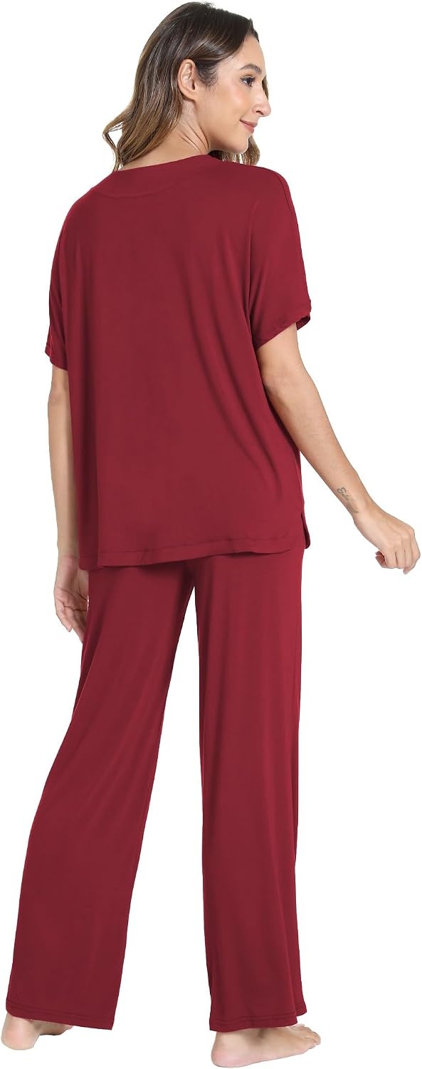image:imageGYS Womens Bamboo Viscose Short Sleeve VNeck Pajamas SetWine Red