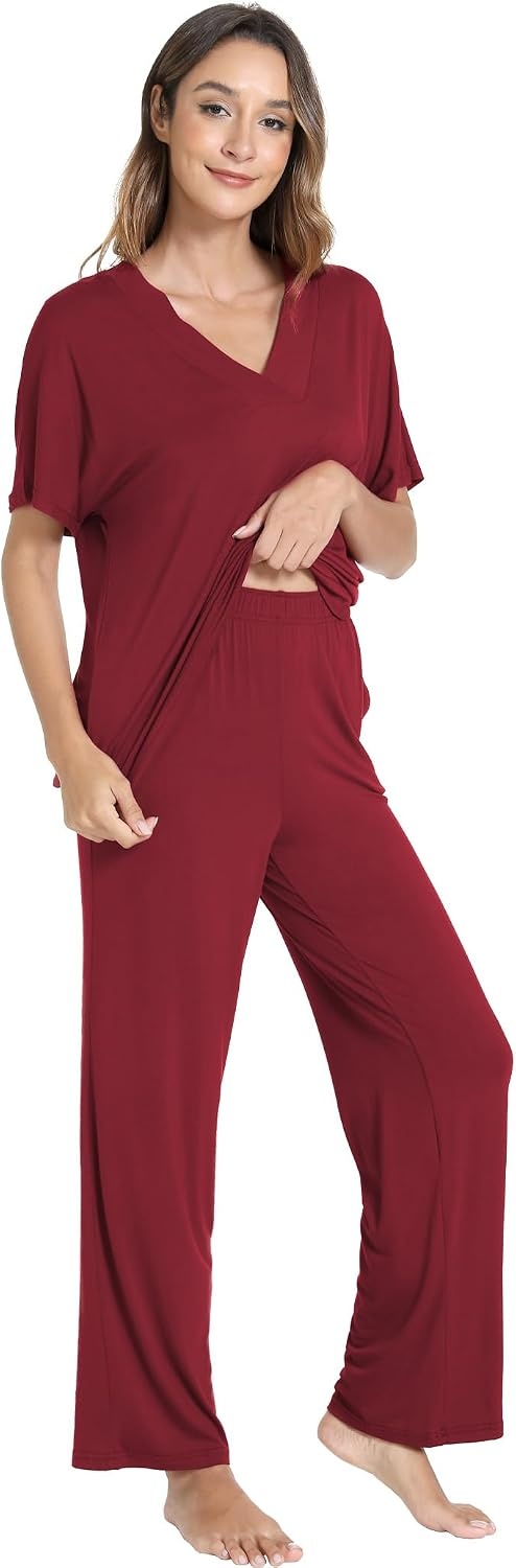 image:imageGYS Womens Bamboo Viscose Short Sleeve VNeck Pajamas SetWine Red