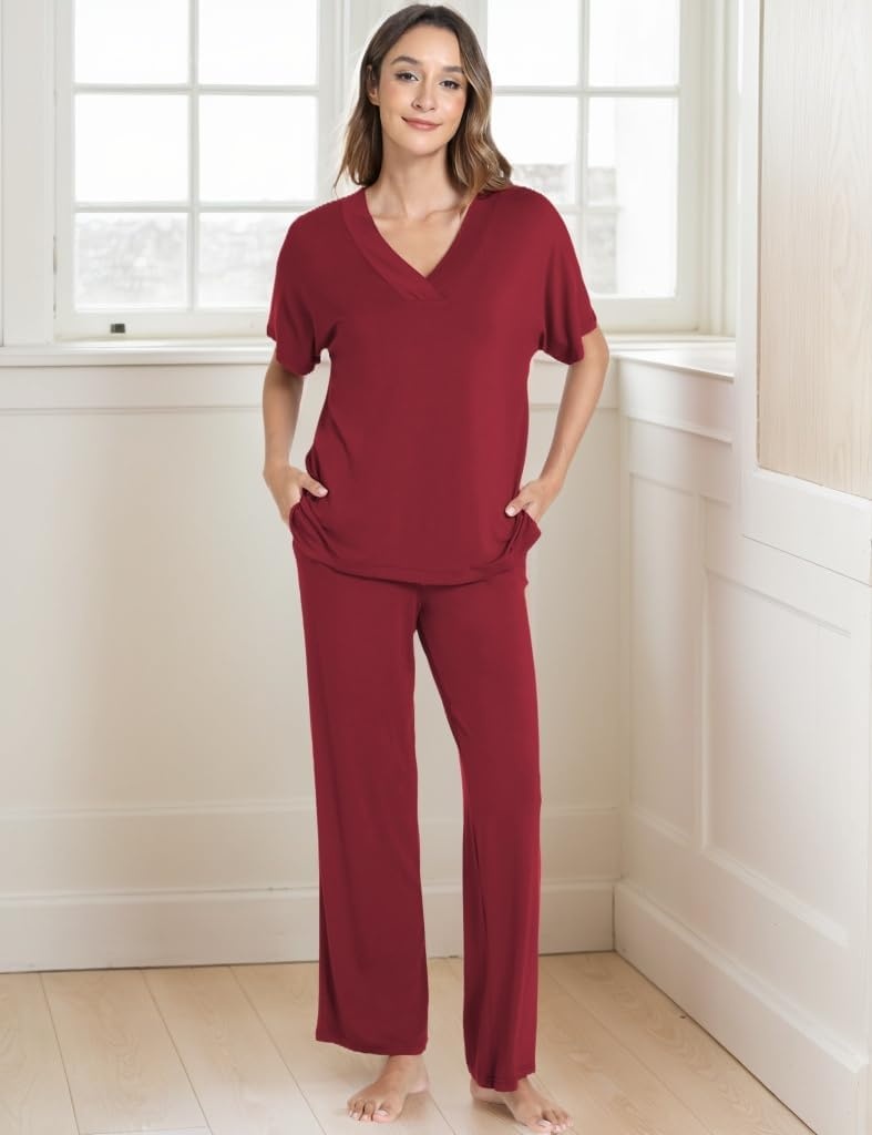 image:imageGYS Womens Bamboo Viscose Short Sleeve VNeck Pajamas SetWine Red