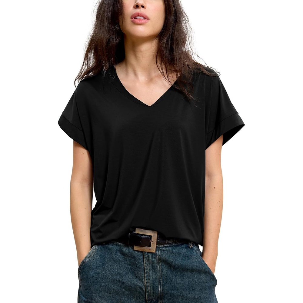 image:imageGYS Bamboo Viscose T Shirt for Women Soft Short Sleeve V Neck Pajama TopsBlack