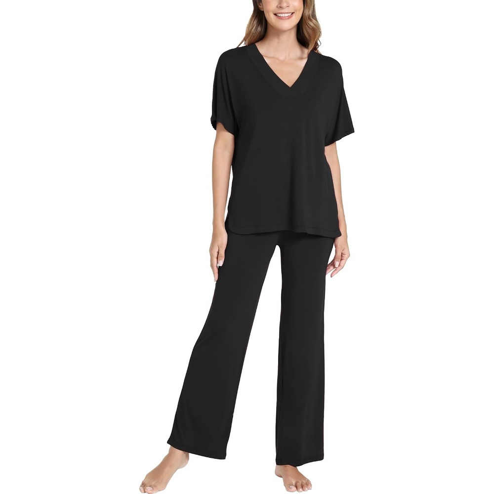 image:imageGYS Womens Bamboo Viscose Short Sleeve VNeck Pajamas SetBlack