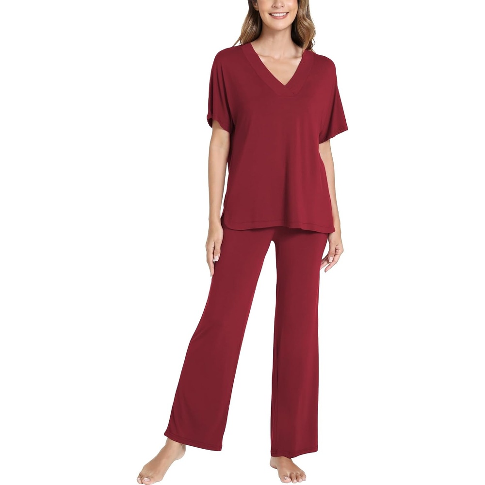 image:imageGYS Womens Bamboo Viscose Short Sleeve VNeck Pajamas SetWine Red