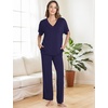 GYS Womens Bamboo Viscose Short Sleeve V-Neck Pajamas Set(Navy)