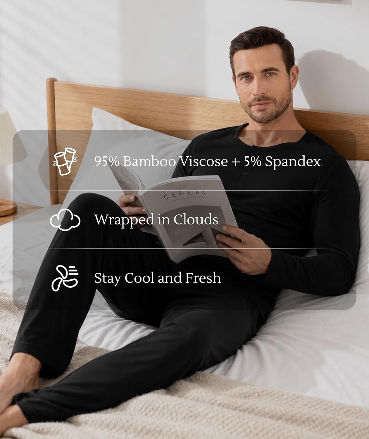 image:imageGYS Bamboo Viscose Mens Pajama Sets Long Sleeve Henley Neck SleepwearBlack