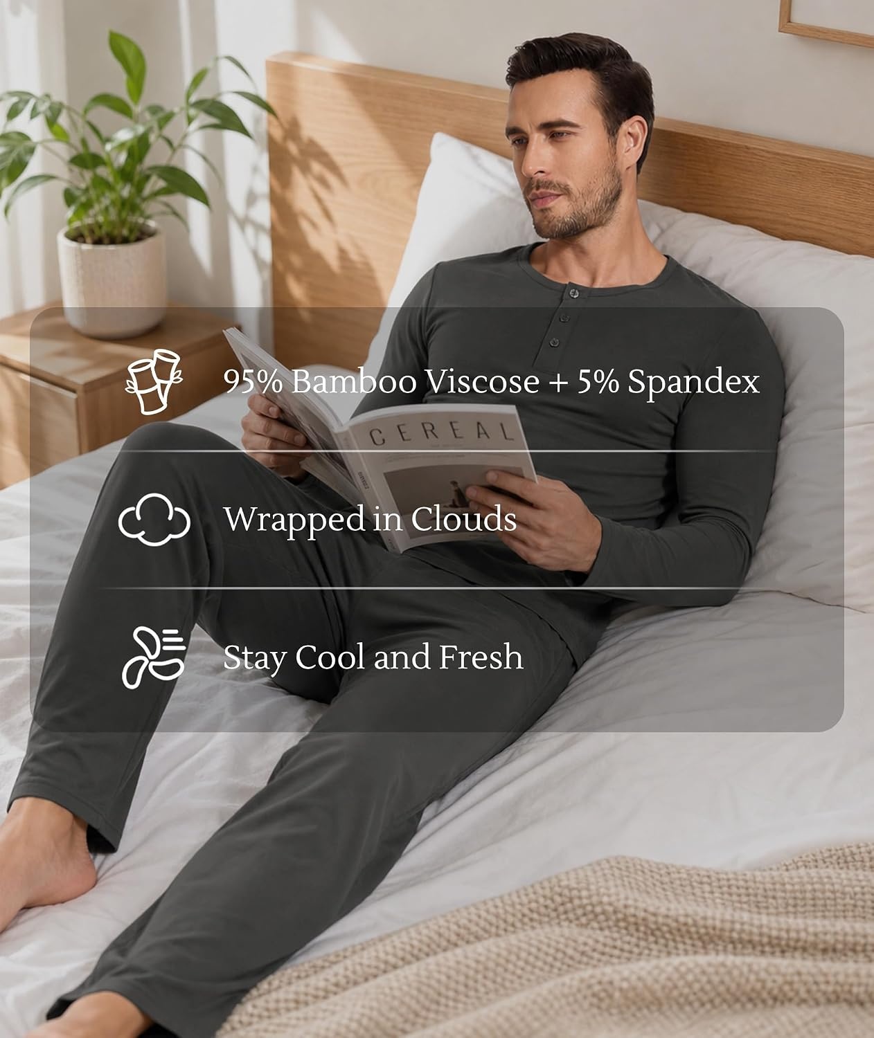 image:imageGYS Bamboo Viscose Mens Pajama Sets Long Sleeve Henley Neck SleepwearCharoal
