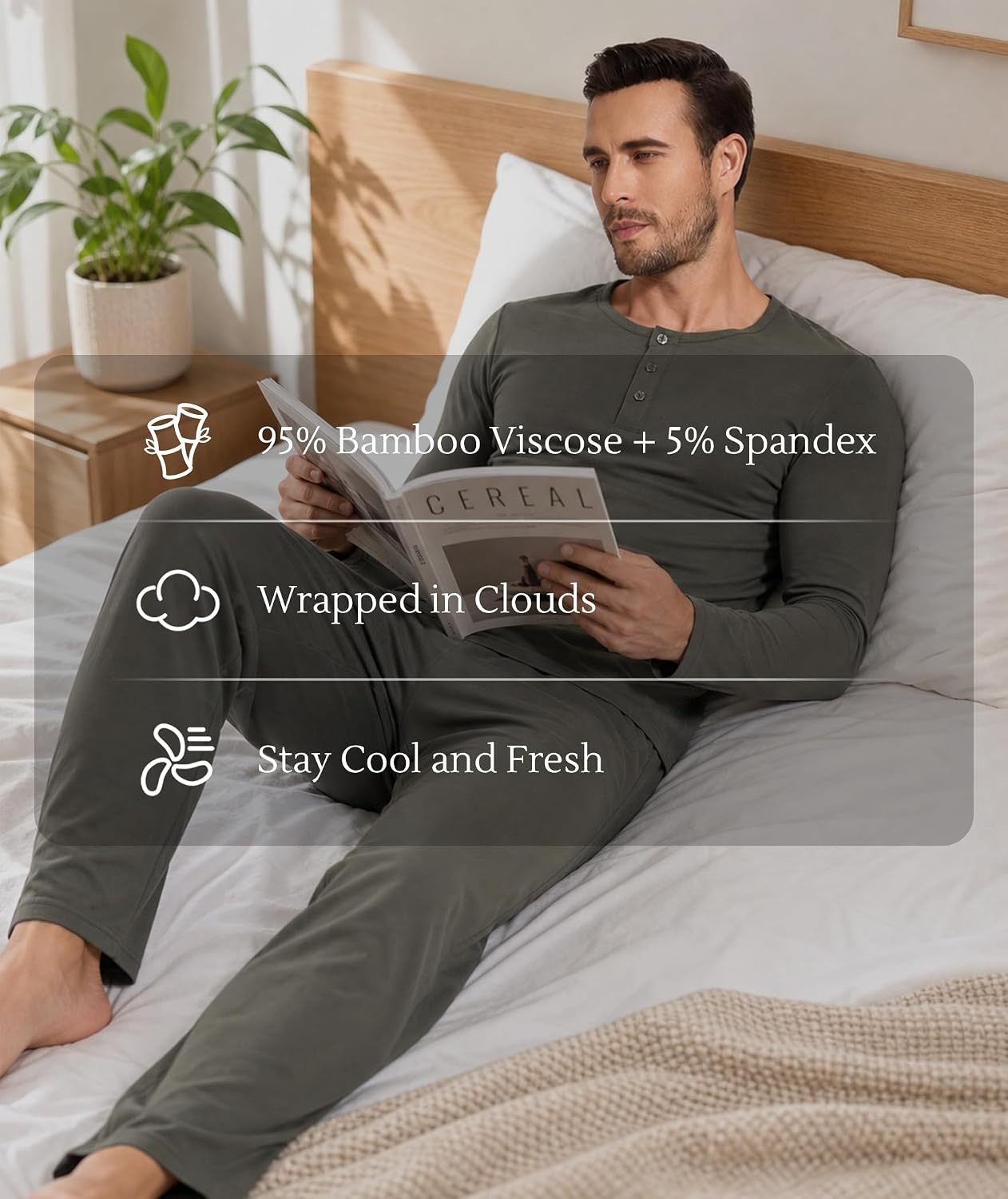image:imageGYS Bamboo Viscose Mens Pajama Sets Long Sleeve Henley Neck SleepwearGreyish Green