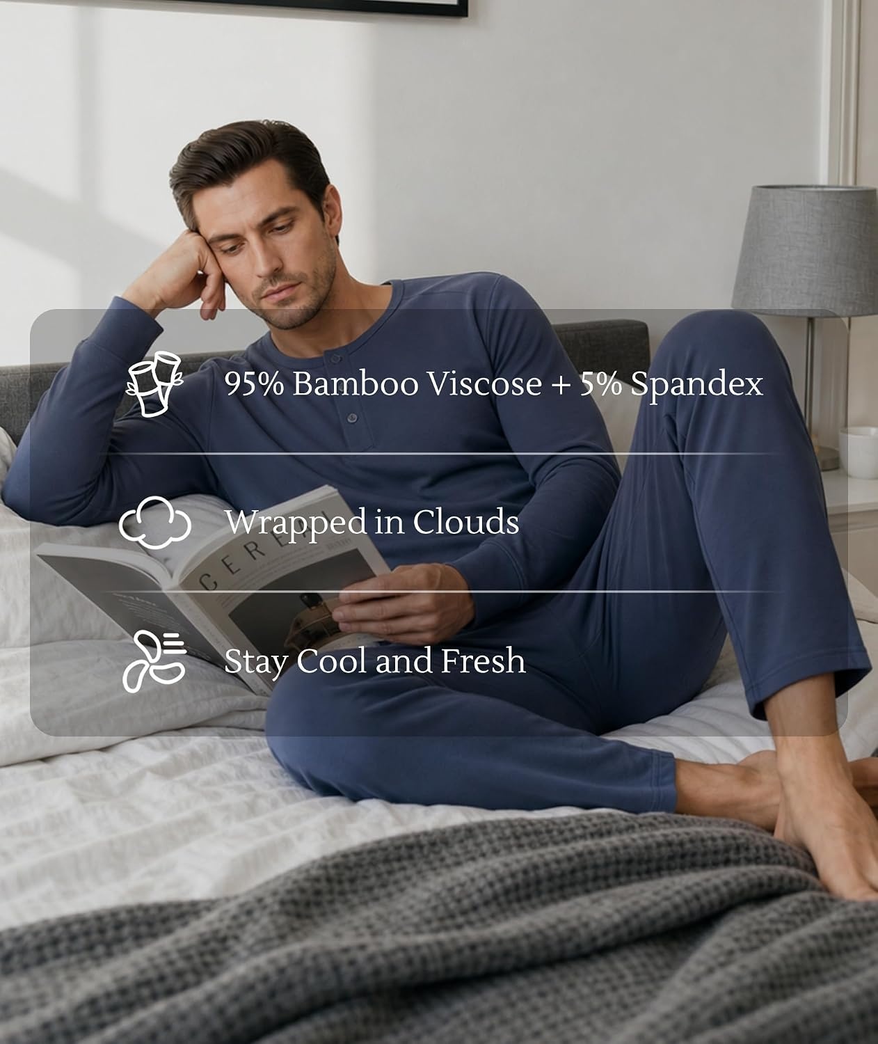 image:imageGYS Bamboo Viscose Mens Pajama Sets Long Sleeve Henley Neck SleepwearMidnight Blue