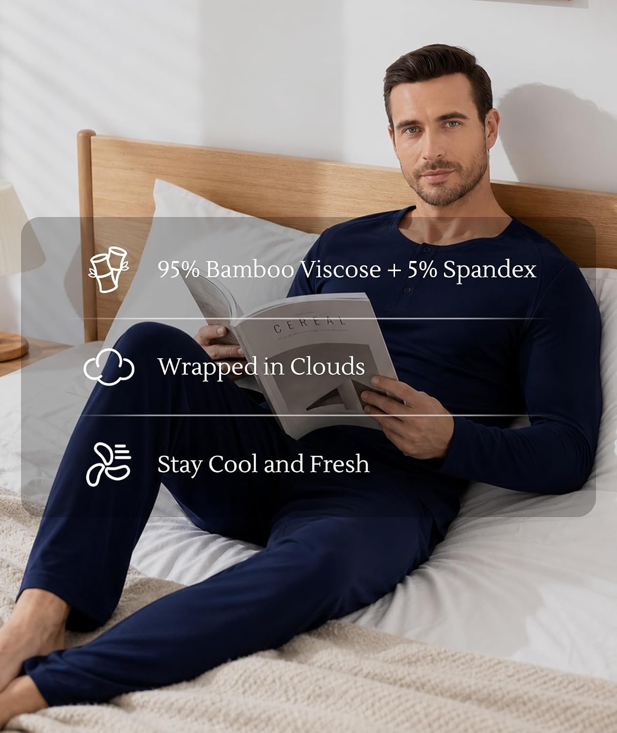 image:imageGYS Bamboo Viscose Mens Pajama Sets Long Sleeve Henley Neck SleepwearNavy