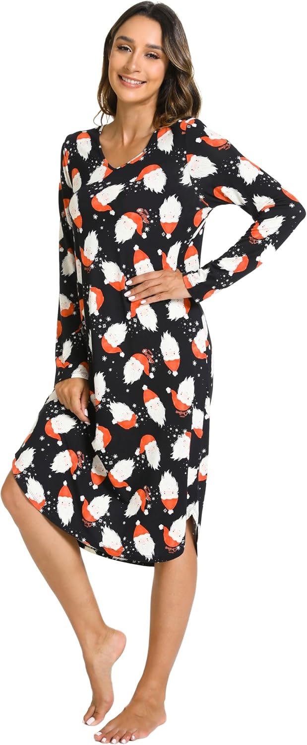 image:imageGYS Bamboo Viscose Nightgowns for Women Soft Long Sleeve VNeck Night ShirtSanta Claus Black