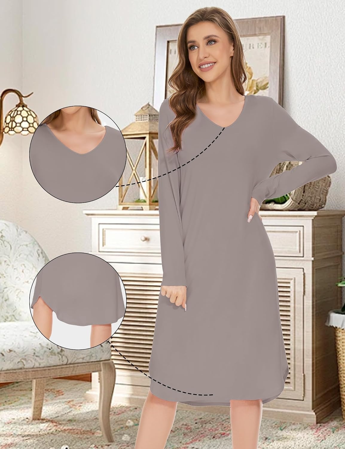 image:imageGYS Bamboo Viscose Nightgowns for Women Soft Long Sleeve VNeck Night ShirtTaupe