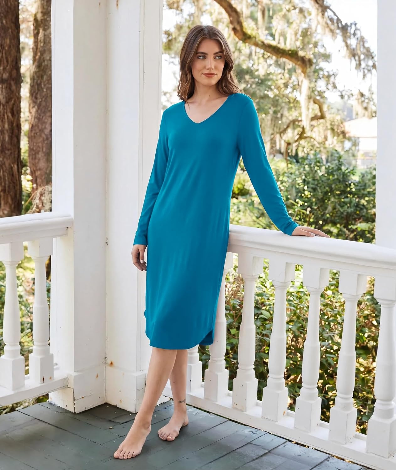 image:imageGYS Bamboo Viscose Nightgowns for Women Soft Long Sleeve VNeck Night ShirtTeal Blue
