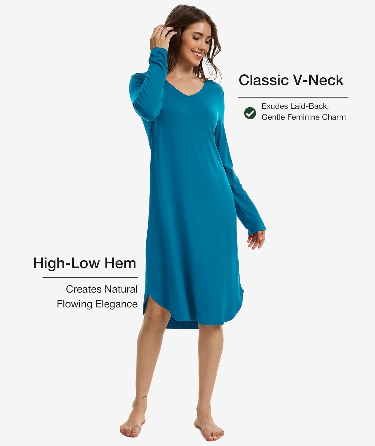 image:imageGYS Bamboo Viscose Nightgowns for Women Soft Long Sleeve VNeck Night ShirtTeal Blue